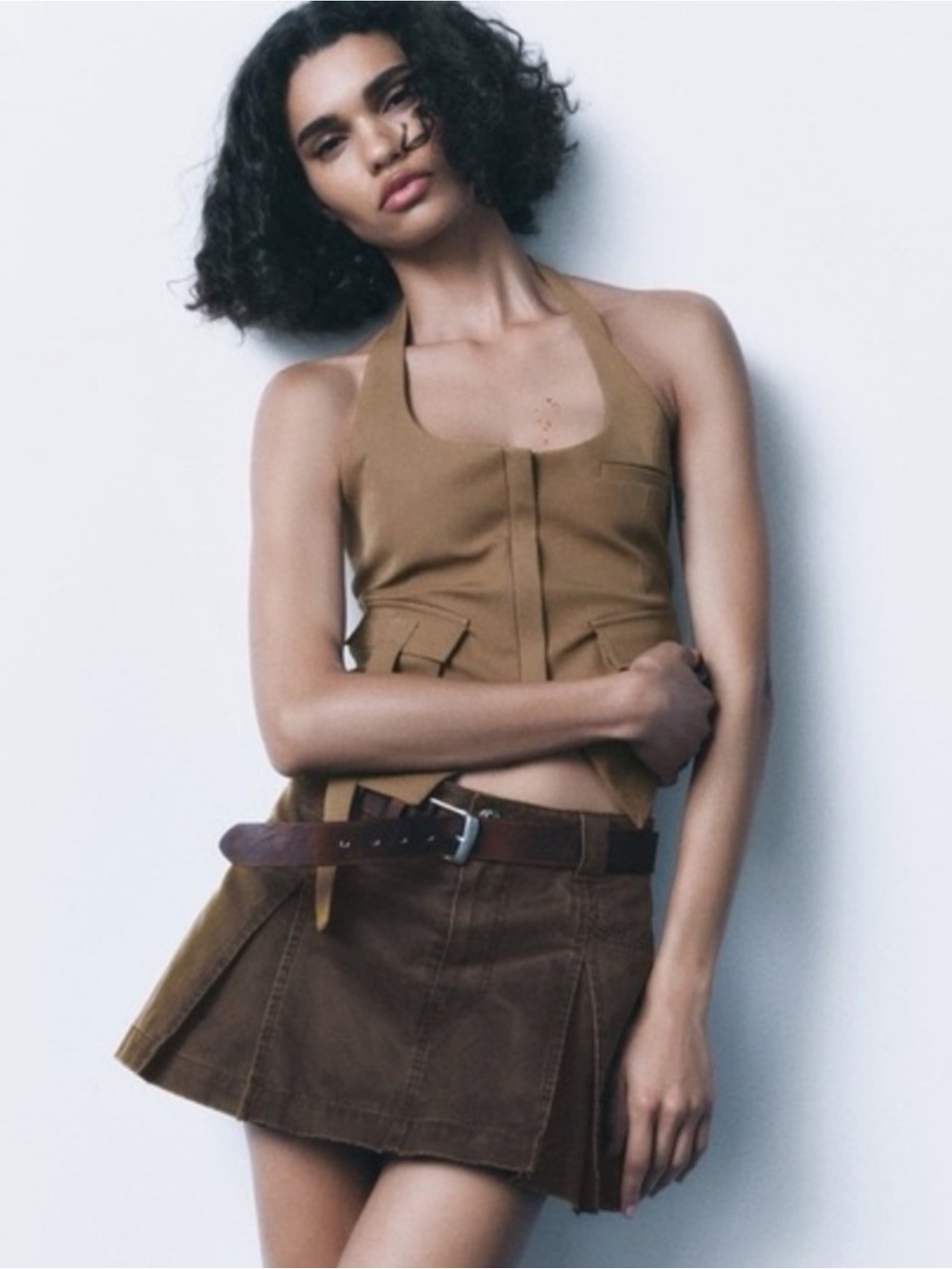 Zara Brown Wax Denim Pleated Skirt Skort
